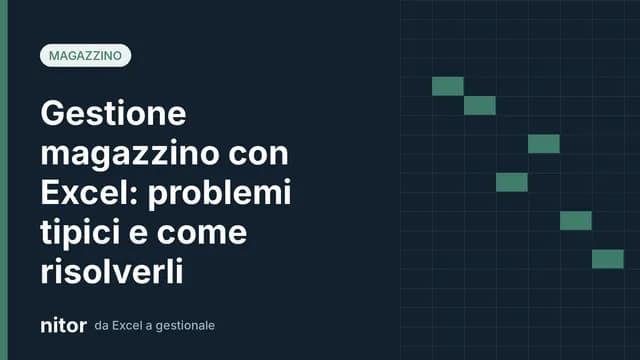 Copertina dell'articolo sulla gestione del magazzino con Excel: titolo su sfondo blu scuro con griglia stilizzata da foglio di calcolo